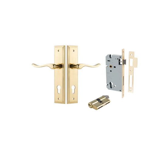 Door Lever Stirling Stepped Euro Pair Polished Brass CTC85mm H237xW50xP64mm Entrance Kit, Mortice Lock Euro Polished Brass CTC85mm Backset 60mm, Euro Cylinder Dual Function 5 Pin Polished Brass L65mm KA1 in Polished Brass