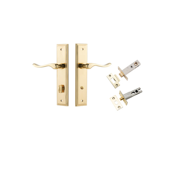 Door Lever Stirling Stepped Privacy Pair Polished Brass CTC85mm H237xW50xP64mm Privacy Kit, Tube Latch Split Cam 'T' Striker Polished Brass Backset 60mm, Privacy Bolt Round Bolt Polished Brass Backset 60mm in Polished Brass