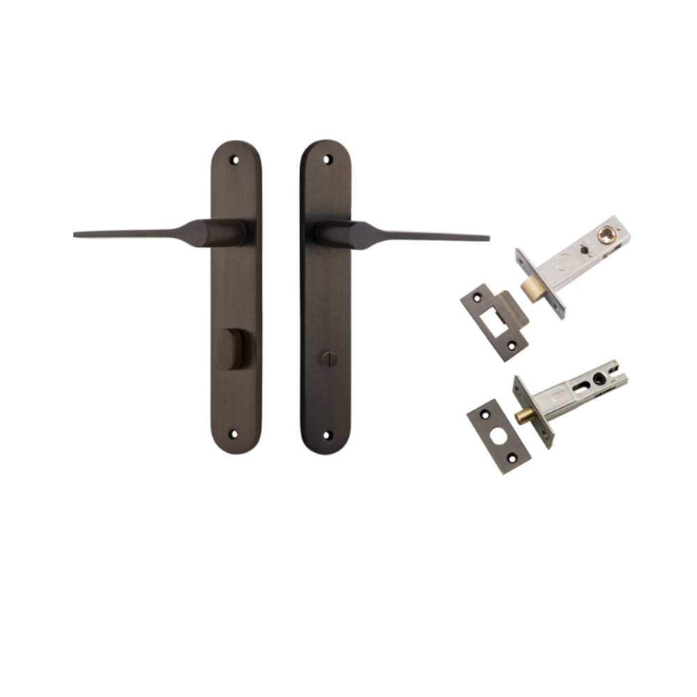 Door Lever Como Oval Privacy Signature Brass CTC85mm L119xP59mm BPH240xW40mm Privacy Kit, Tube Latch Split Cam 'T' Striker Signature Brass Backset 60mm, Privacy Bolt Round Bolt Signature Brass Backset 60mm in Signature Brass