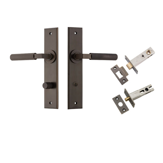 Door Lever Brunswick  Chamfered Privacy Signature Brass CTC85mm L120xP59mm BPH240xW50mm Privacy Kit, Tube Latch Split Cam 'T' Striker Signature Brass Backset 60mm, Privacy Bolt Round Bolt Signature Brass Backset 60mm in Signature Brass