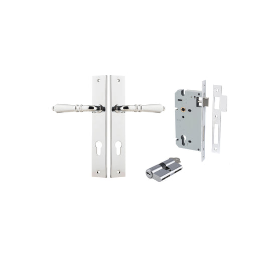 Door Lever Sarlat Rectangular Latch Polished Chrome H240xW38xP55mm Passage Kit, Tube Latch Split Cam 'T' Striker Polished Chrome Backset 60mm in Polished Chrome