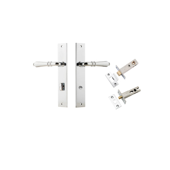 Door Lever Sarlat Rectangular Privacy Polished Chrome CTC85mm H240xW38xP55mm Privacy Kit, Tube Latch Split Cam 'T' Striker Polished Chrome Backset 60mm, Privacy Bolt Round Bolt Polished Chrome Backset 60mm in Polished Chrome