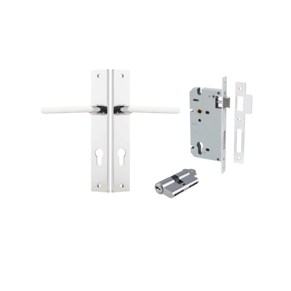 Door Lever Baltimore Rectangular Euro Polished Chrome CTC85mm H240xW38xP55mm Entrance Kit, Mortice Lock Euro Polished Chrome CTC85mm Backset 60mm, Euro Cylinder Dual Function 5 Pin Polished Chrome L65mm KA1 in Polished Chrome