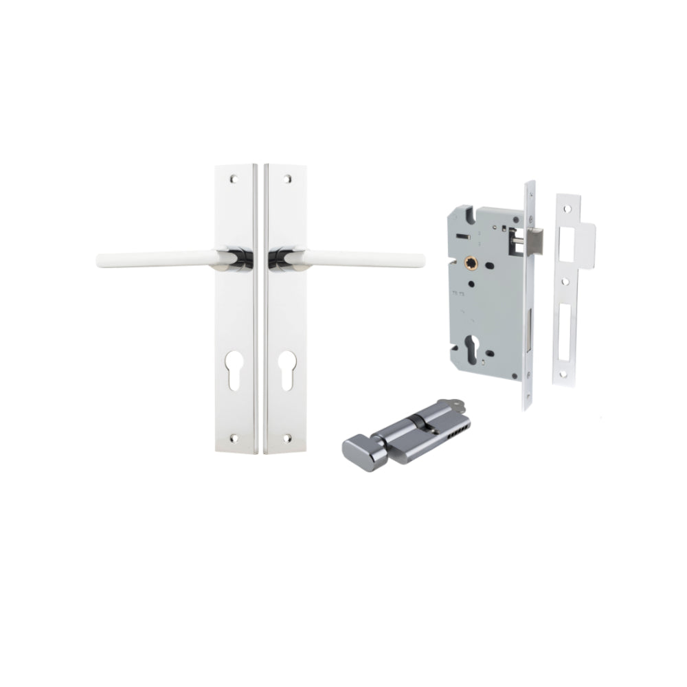 Door Lever Baltimore Rectangular Euro Polished Chrome CTC85mm H240xW38xP55mm Entrance Kit, Mortice Lock Euro Polished Chrome CTC85mm Backset 60mm, Euro Cylinder Key Thumb 6 Pin Polished Chrome L70mm KA1 in Polished Chrome