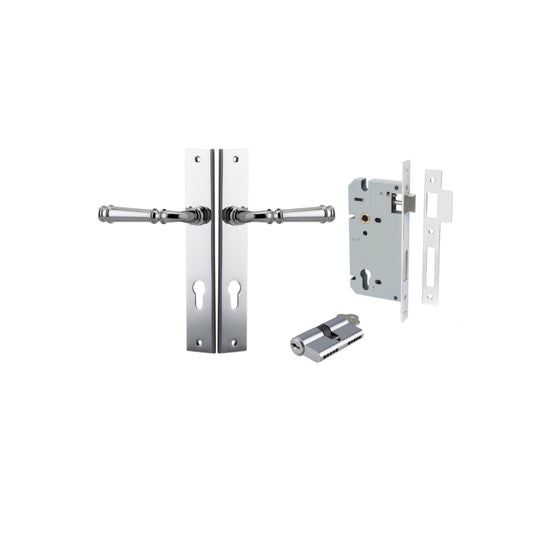 Door Lever Verona Rectangular Euro Polished Chrome CTC85mm H240xW38xP59mm Entrance Kit, Mortice Lock Euro Polished Chrome CTC85mm Backset 60mm, Euro Cylinder Dual Function 5 Pin Polished Chrome L65mm KA1 in Polished Chrome