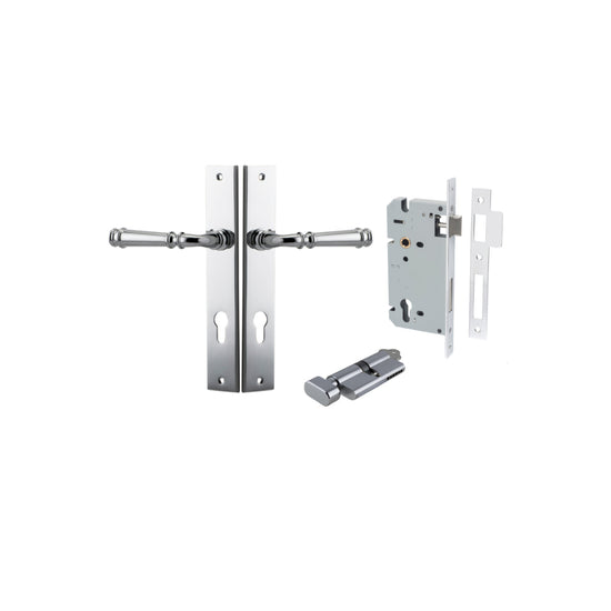 Door Lever Verona Rectangular Euro Polished Chrome CTC85mm H240xW38xP59mm Entrance Kit, Mortice Lock Euro Polished Chrome CTC85mm Backset 60mm, Euro Cylinder Key Thumb 6 Pin Polished Chrome L70mm KA1 in Polished Chrome