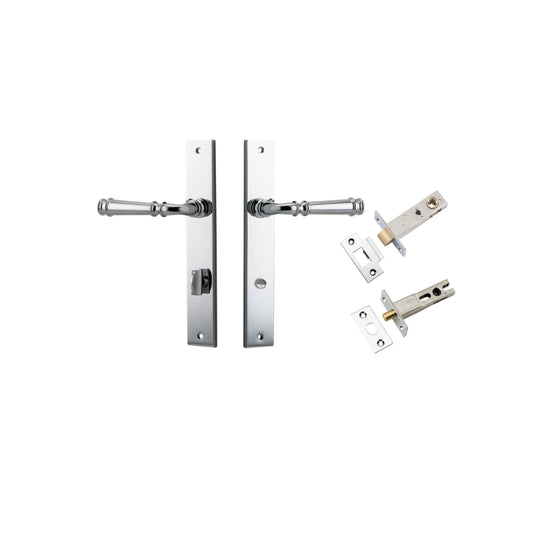 Door Lever Verona Rectangular Privacy Polished Chrome CTC85mm H240xW38xP59mm Inbuilt Privacy Kit, Tube Latch Split Cam 'T' Striker Polished Chrome Backset 60mm, Privacy Bolt Round Bolt Polished Chrome Backset 60mm in Polished Chrome