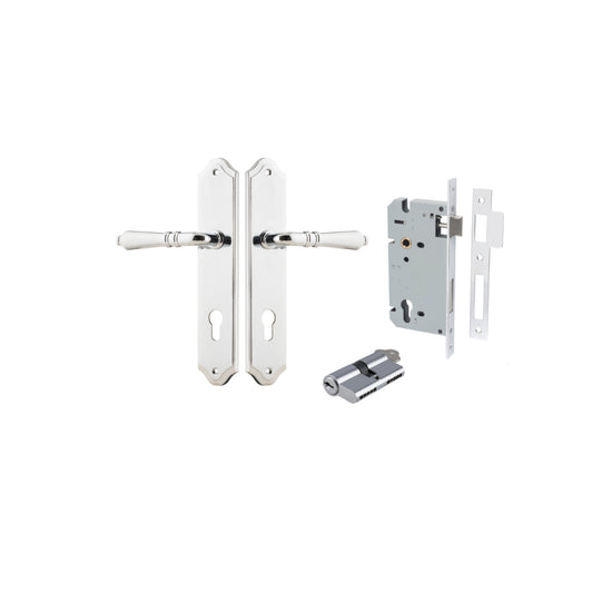 Door Lever Sarlat Shouldered Euro Polished Chrome CTC85mm H250xW48xP57mm Entrance Kit, Mortice Lock Euro Polished Chrome CTC85mm Backset 60mm, Euro Cylinder Dual Function 5 Pin Polished Chrome L65mm KA1 in Polished Chrome