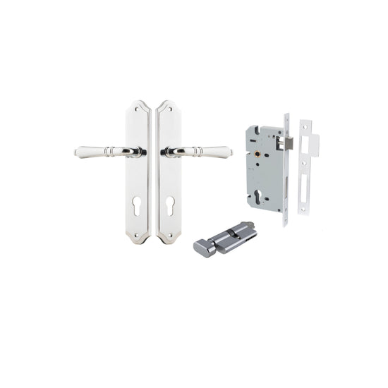 Door Lever Sarlat Shouldered Euro Polished Chrome CTC85mm H250xW48xP57mm Entrance Kit, Mortice Lock Euro Polished Chrome CTC85mm Backset 60mm, Euro Cylinder Key Thumb 6 Pin Polished Chrome L70mm KA1 in Polished Chrome