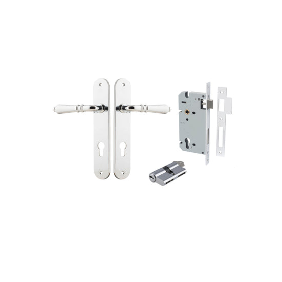 Door Lever Sarlat Oval Euro Polished Chrome CTC85mm H240xW40xP55mm Entrance Kit, Mortice Lock Euro Polished Chrome CTC85mm Backset 60mm, Euro Cylinder Dual Function 5 Pin Polished Chrome L65mm KA1 in Polished Chrome