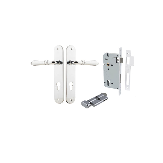 Door Lever Sarlat Oval Euro Polished Chrome CTC85mm H240xW40xP55mm Entrance Kit, Mortice Lock Euro Polished Chrome CTC85mm Backset 60mm, Euro Cylinder Key Thumb 6 Pin Polished Chrome L70mm KA1 in Polished Chrome