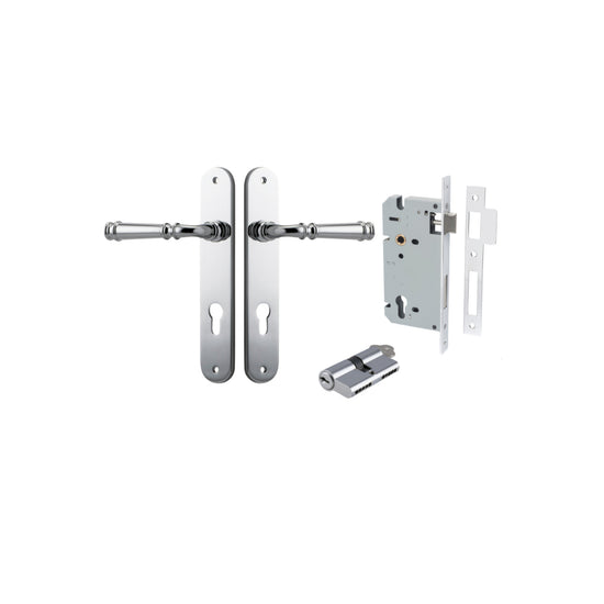 Door Lever Verona Oval Euro Polished Chrome CTC85mm H240xW40xP59mm Entrance Kit, Mortice Lock Euro Polished Chrome CTC85mm Backset 60mm, Euro Cylinder Dual Function 5 Pin Polished Chrome L65mm KA1 in Polished Chrome