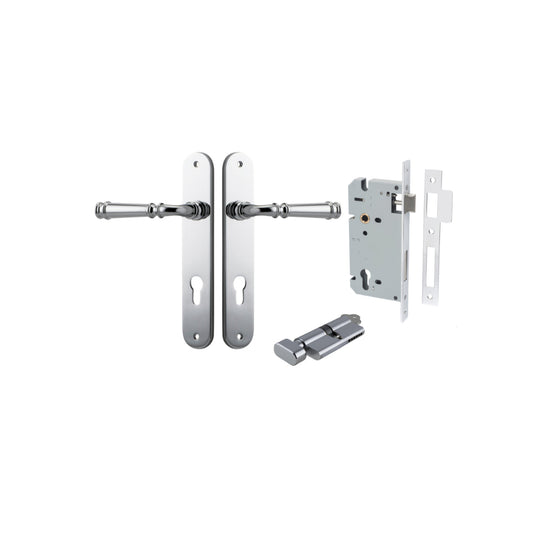 Door Lever Verona Oval Euro Polished Chrome CTC85mm H240xW40xP59mm Entrance Kit, Mortice Lock Euro Polished Chrome CTC85mm Backset 60mm, Euro Cylinder Key Thumb 6 Pin Polished Chrome L70mm KA1 in Polished Chrome