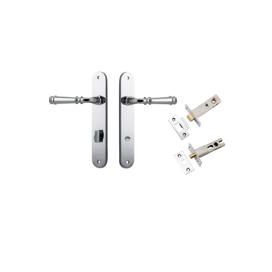 Door Lever Verona Oval Privacy Polished Chrome CTC85mm H240xW40xP59mm Inbuilt Privacy Kit, Tube Latch Split Cam 'T' Striker Polished Chrome Backset 60mm, Privacy Bolt Round Bolt Polished Chrome Backset 60mm in Polished Chrome