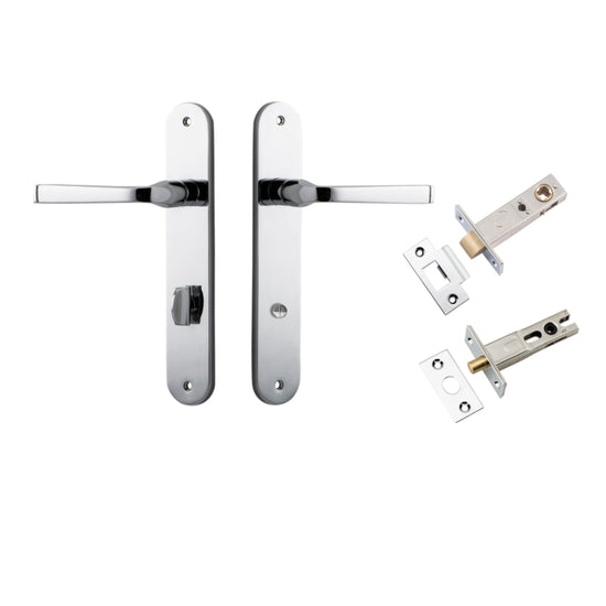 Door Lever Annecy Oval Privacy Polished Chrome CTC85mm H240xW40xP62mm Inbuilt Privacy Kit, Tube Latch Split Cam 'T' Striker Polished Chrome Backset 60mm, Privacy Bolt Round Bolt Polished Chrome Backset 60mm in Polished Chrome