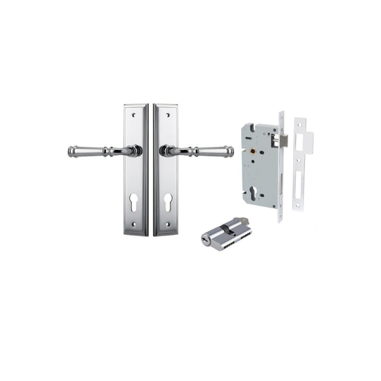 Door Lever Verona Stepped Euro Polished Chrome CTC85mm H240xW50xP59mm Entrance Kit, Mortice Lock Euro Polished Chrome CTC85mm Backset 60mm, Euro Cylinder Dual Function 5 Pin Polished Chrome L65mm KA1 in Polished Chrome