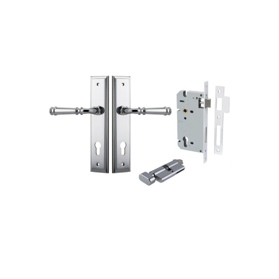 Door Lever Verona Stepped Euro Polished Chrome CTC85mm H240xW50xP59mm Entrance Kit, Mortice Lock Euro Polished Chrome CTC85mm Backset 60mm, Euro Cylinder Key Thumb 6 Pin Polished Chrome L70mm KA1 in Polished Chrome