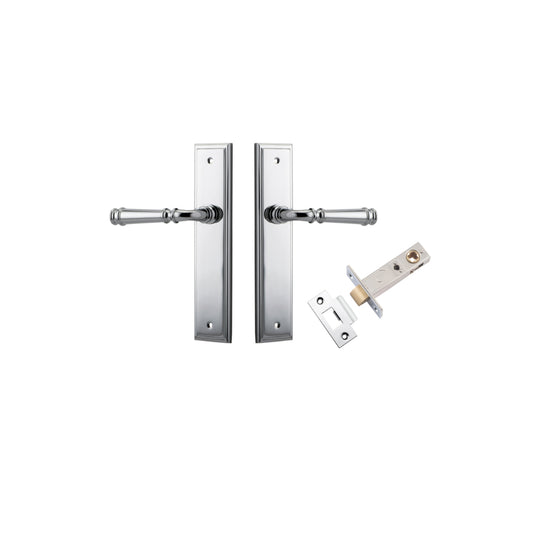 Door Lever Verona Stepped Latch Polished Chrome H240xW50xP59mm Passage Kit, Tube Latch Split Cam 'T' Striker Polished Chrome Backset 60mm in Polished Chrome