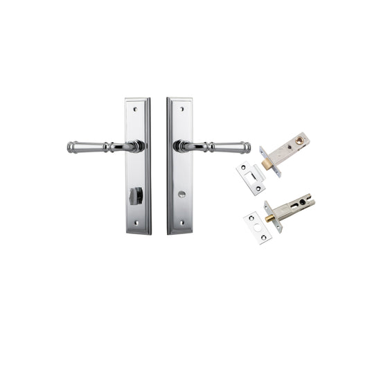 Door Lever Verona Stepped Privacy Polished Chrome CTC85mm H240xW50xP59mm Inbuilt Privacy Kit, Tube Latch Split Cam 'T' Striker Polished Chrome Backset 60mm, Privacy Bolt Round Bolt Polished Chrome Backset 60mm in Polished Chrome