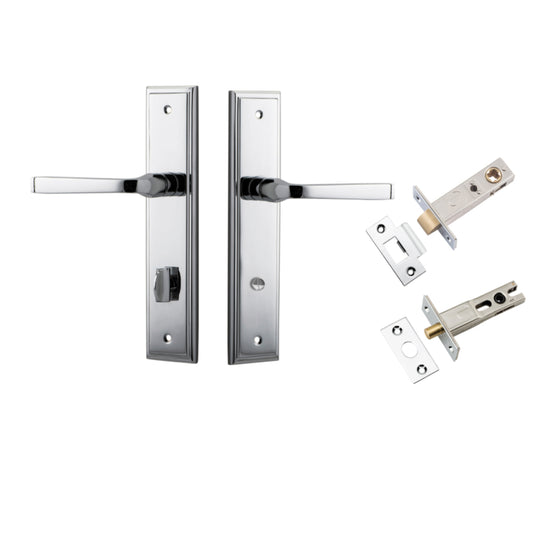 Door Lever Annecy Stepped Privacy Polished Chrome CTC85mm H240xW50xP65mm Inbuilt Privacy Kit, Tube Latch Split Cam 'T' Striker Polished Chrome Backset 60mm, Privacy Bolt Round Bolt Polished Chrome Backset 60mm in Polished Chrome