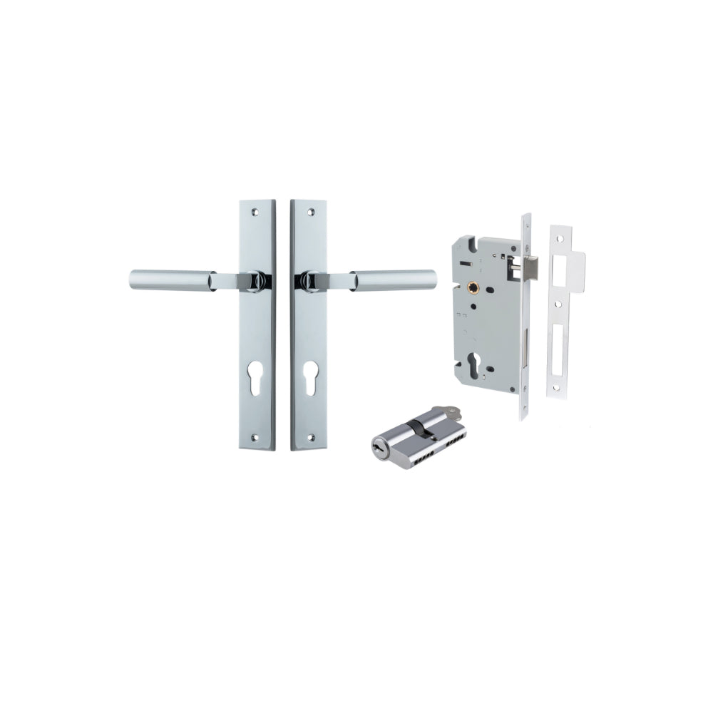 Door Lever Berlin Rectangular Euro Pair Polished Chrome CTC85mm L120xP57mm BPH240xW38mm, Mortice Lock Euro Polished Chrome CTC85mm Backset 60mm, Euro Cylinder Dual Function 5 Pin Polished Chrome 65mm KA4 in Polished Chrome