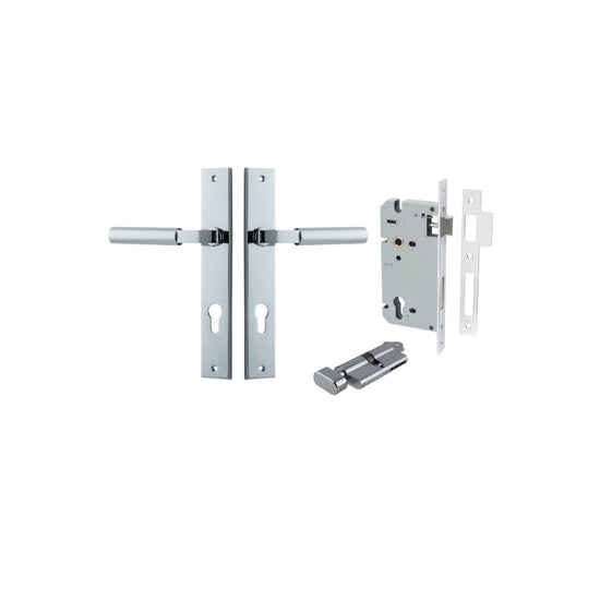 Door Lever Berlin Rectangular Euro Pair Polished Chrome CTC85mm L120xP57mm BPH240xW38mm, Mortice Lock Euro Polished Chrome CTC85mm Backset 60mm, Euro Cylinder Key Thumb 5 Pin Polished Chrome 65mm KA4 in Polished Chrome