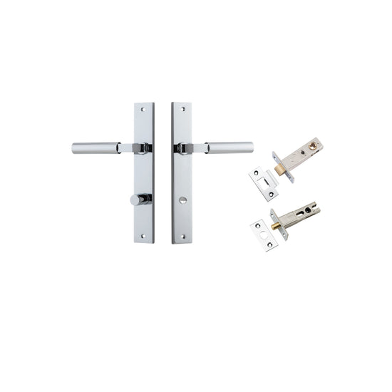 Door Lever Berlin Rectangular Privacy Polished Chrome CTC85mm L120xP57mm BPH240xW38mm Privacy Kit, Tube Latch Split Cam 'T' Striker Polished Chrome Backset 60mm, Privacy Bolt Round Bolt Polished Chrome Backset 60mm in Polished Chrome