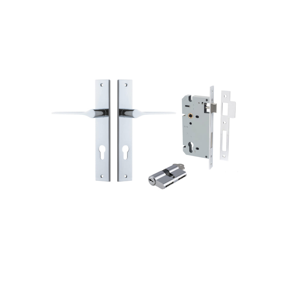 Door Lever Como Rectangular Euro Pair Polished Chrome CTC85mm L119xP59mm BPH240xW38mm, Mortice Lock Euro Polished Chrome CTC85mm Backset 60mm, Euro Cylinder Dual Function 5 Pin Polished Chrome 65mm KA4 in Polished Chrome