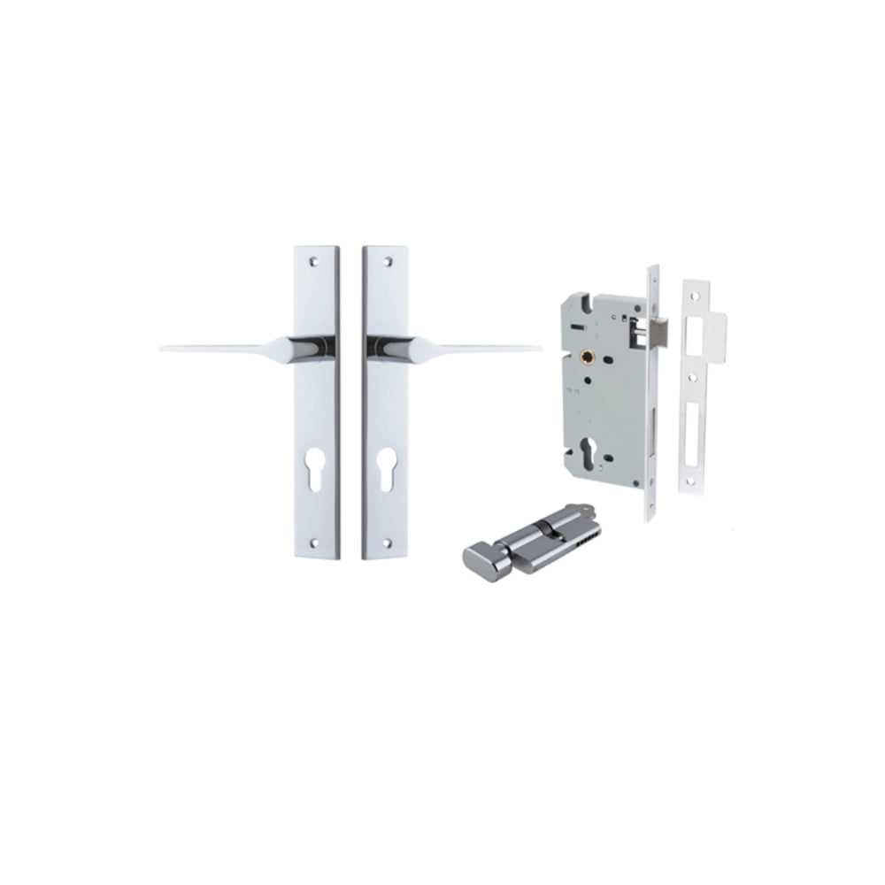 Door Lever Como Rectangular Euro Pair Polished Chrome CTC85mm L119xP59mm BPH240xW38mm, Mortice Lock Euro Polished Chrome CTC85mm Backset 60mm, Euro Cylinder Key Thumb 5 Pin Polished Chrome 65mm KA4 in Polished Chrome