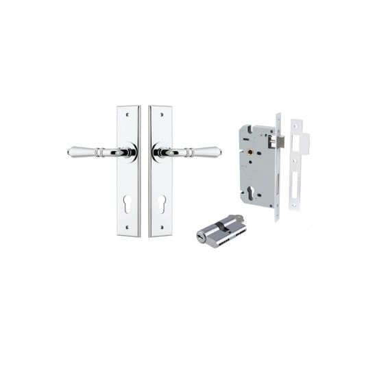 Door Lever Sarlat Chamfered Euro Pair Polished Chrome CTC85mm L111xP55mm BPH240xW50mm, Mortice Lock Euro Polished Chrome CTC85mm Backset 60mm, Euro Cylinder Dual Function 5 Pin Polished Chrome 65mm KA4 in Polished Chrome