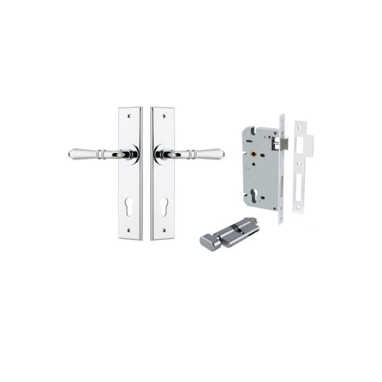 Door Lever Sarlat Chamfered Euro Pair Polished Chrome CTC85mm L111xP55mm BPH240xW50mm, Mortice Lock Euro Polished Chrome CTC85mm Backset 60mm, Euro Cylinder Key Thumb 5 Pin Polished Chrome 65mm KA4 in Polished Chrome