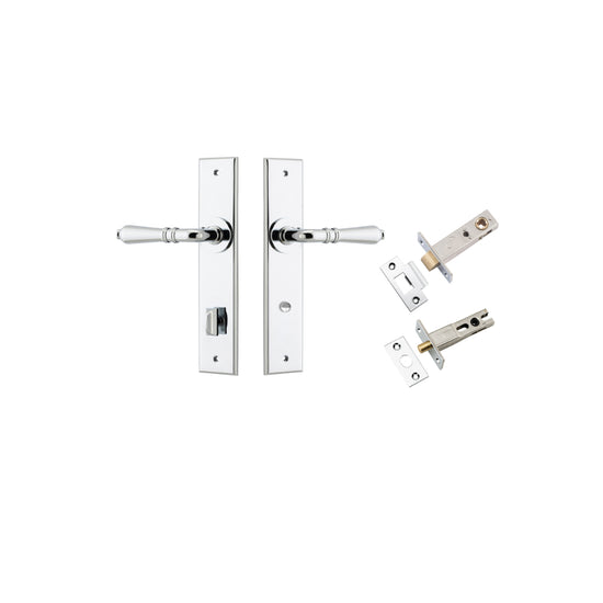 Door Lever Sarlat Chamfered Privacy Polished Chrome CTC85mm L111xP55mm BPH240xW50mm Privacy Kit, Tube Latch Split Cam 'T' Striker Polished Chrome Backset 60mm, Privacy Bolt Round Bolt Polished Chrome Backset 60mm in Polished Chrome