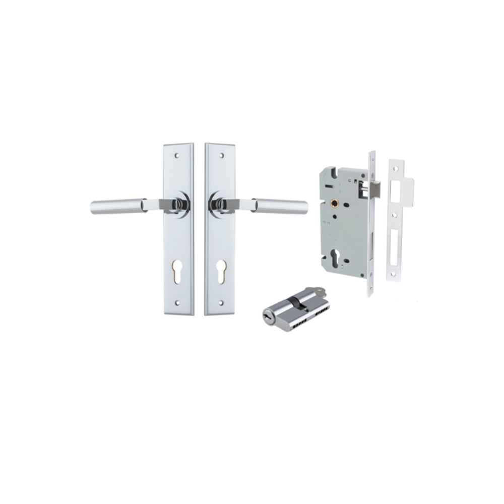 Door Lever Berlin Chamfered Euro Pair Polished Chrome CTC85mm L120xP59mm BPH240xW50mm, Mortice Lock Euro Polished Chrome CTC85mm Backset 60mm, Euro Cylinder Dual Function 5 Pin Polished Chrome 65mm KA4 in Polished Chrome