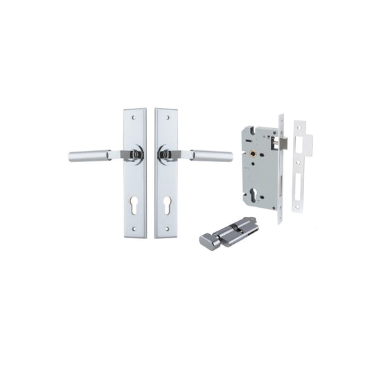 Door Lever Berlin Chamfered Euro Pair Polished Chrome CTC85mm L120xP59mm BPH240xW50mm, Mortice Lock Euro Polished Chrome CTC85mm Backset 60mm, Euro Cylinder Key Thumb 5 Pin Polished Chrome 65mm KA4 in Polished Chrome