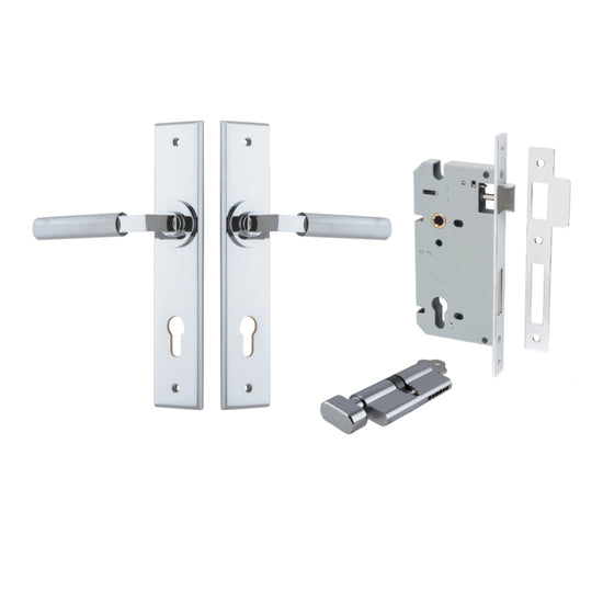 Door Lever Brunswick Chamfered Euro Pair Polished Chrome CTC85mm L120xP59mm BPH240xW50mm, Mortice Lock Euro Polished Chrome CTC85mm Backset 60mm, Euro Cylinder Key Thumb 5 Pin Polished Chrome 65mm KA4 in Polished Chrome