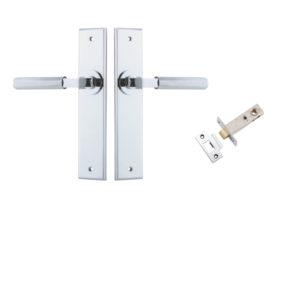 Door Lever Brunswick Knurled Chamfered Polished Chrome L120xP59mm BPH240xW50mm Passage Kit, Tube Latch Split Cam 'T' Striker Polished Chrome Backset 60mm in Polished Chrome