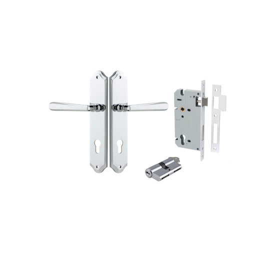 Door Lever Copenhagen Shouldered Euro Pair Polished Chrome CTC85mm H250xW48xP61mm Entrance Kit, Mortice Lock Euro Polished Chrome CTC85mm Backset 60mm, Euro Cylinder Dual Function 5 Pin Polished Chrome L65mm KA1 in Polished Chrome