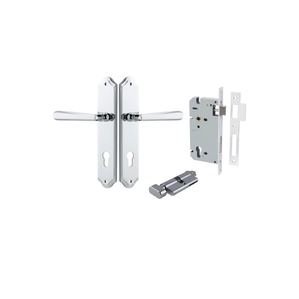 Door Lever Copenhagen Shouldered Euro Pair Polished Chrome CTC85mm H250xW48xP61mm Entrance Kit, Mortice Lock Euro Polished Chrome CTC85mm Backset 60mm, Euro Cylinder Key Thumb 6 Pin Polished Chrome L70mm KA1 in Polished Chrome