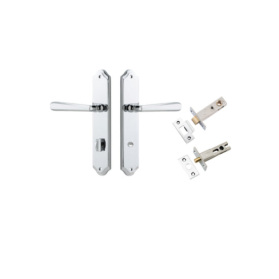 Door Lever Copenhagen Shouldered Privacy Pair Polished Chrome CTC85mm H250xW48xP61mm Inbuilt Privacy Kit, Tube Latch Split Cam 'T' Striker Polished Chrome Backset 60mm, Privacy Bolt Round Bolt Polished Chrome Backset 60mm in Polished Chrome