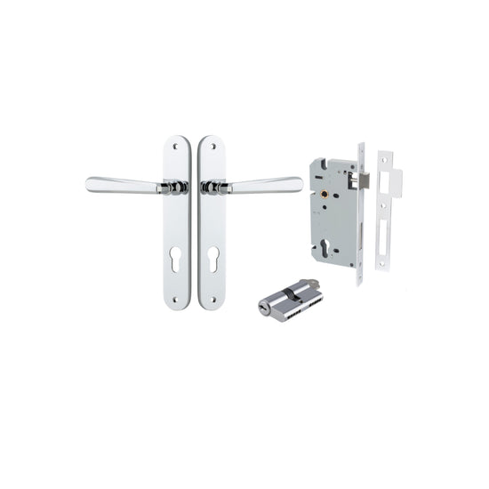 Door Lever Copenhagen Oval Euro Pair Polished Chrome CTC85mm H240xW40xP61mm Entrance Kit, Mortice Lock Euro Polished Chrome CTC85mm Backset 60mm, Euro Cylinder Dual Function 5 Pin Polished Chrome L65mm KA1 in Polished Chrome