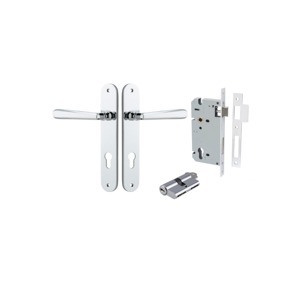 Door Lever Copenhagen Oval Euro Pair Polished Chrome CTC85mm H240xW40xP61mm Entrance Kit, Mortice Lock Euro Polished Chrome CTC85mm Backset 60mm, Euro Cylinder Dual Function 5 Pin Polished Chrome L65mm KA1 in Polished Chrome