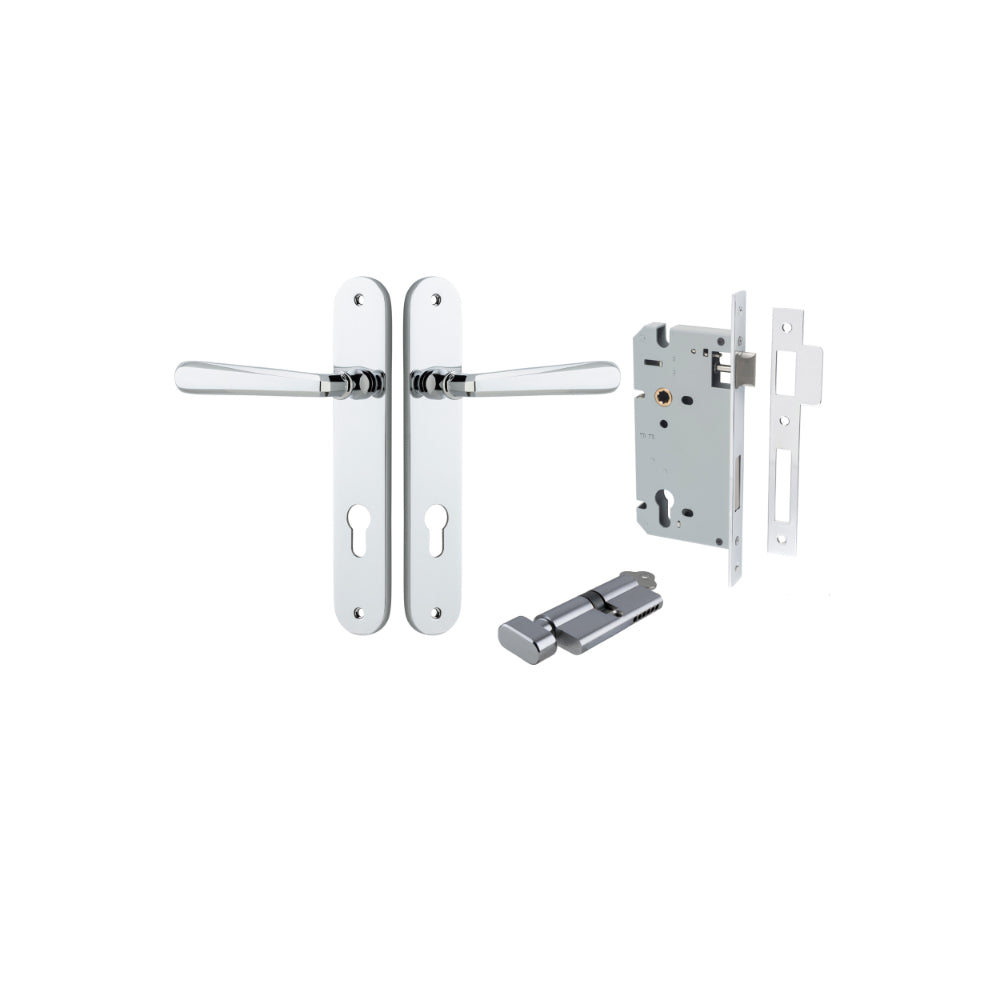 Door Lever Copenhagen Oval Euro Pair Polished Chrome CTC85mm H240xW40xP61mm Entrance Kit, Mortice Lock Euro Polished Chrome CTC85mm Backset 60mm, Euro Cylinder Key Thumb 6 Pin Polished Chrome L70mm KA1 in Polished Chrome