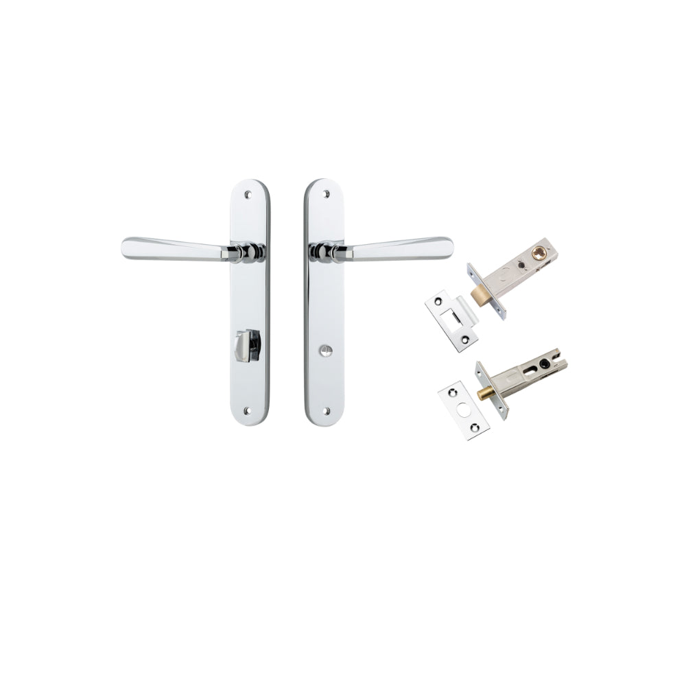 Door Lever Copenhagen Oval Privacy Pair Polished Chrome CTC85mm H240xW40xP61mm Inbuilt Privacy Kit, Tube Latch Split Cam 'T' Striker Polished Chrome Backset 60mm, Privacy Bolt Round Bolt Polished Chrome Backset 60mm in Polished Chrome