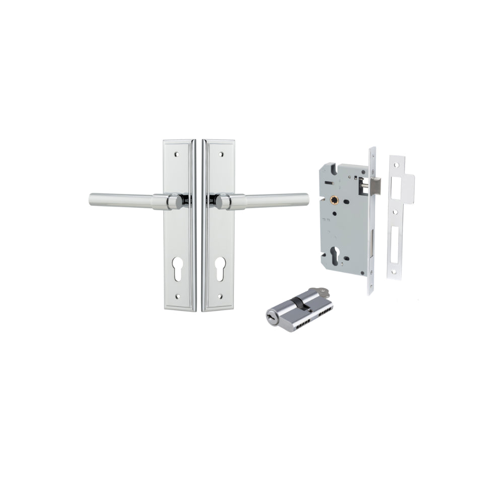 Door Lever Helsinki Stepped Euro Pair Polished Chrome CTC85mm H237xW50xP44mm Entrance Kit, Mortice Lock Euro Polished Chrome CTC85mm Backset 60mm, Euro Cylinder Dual Function 5 Pin Polished Chrome L65mm KA1 in Polished Chrome