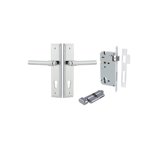 Door Lever Helsinki Stepped Euro Pair Polished Chrome CTC85mm H237xW50xP44mm Entrance Kit, Mortice Lock Euro Polished Chrome CTC85mm Backset 60mm, Euro Cylinder Key Thumb 6 Pin Polished Chrome L70mm KA1 in Polished Chrome