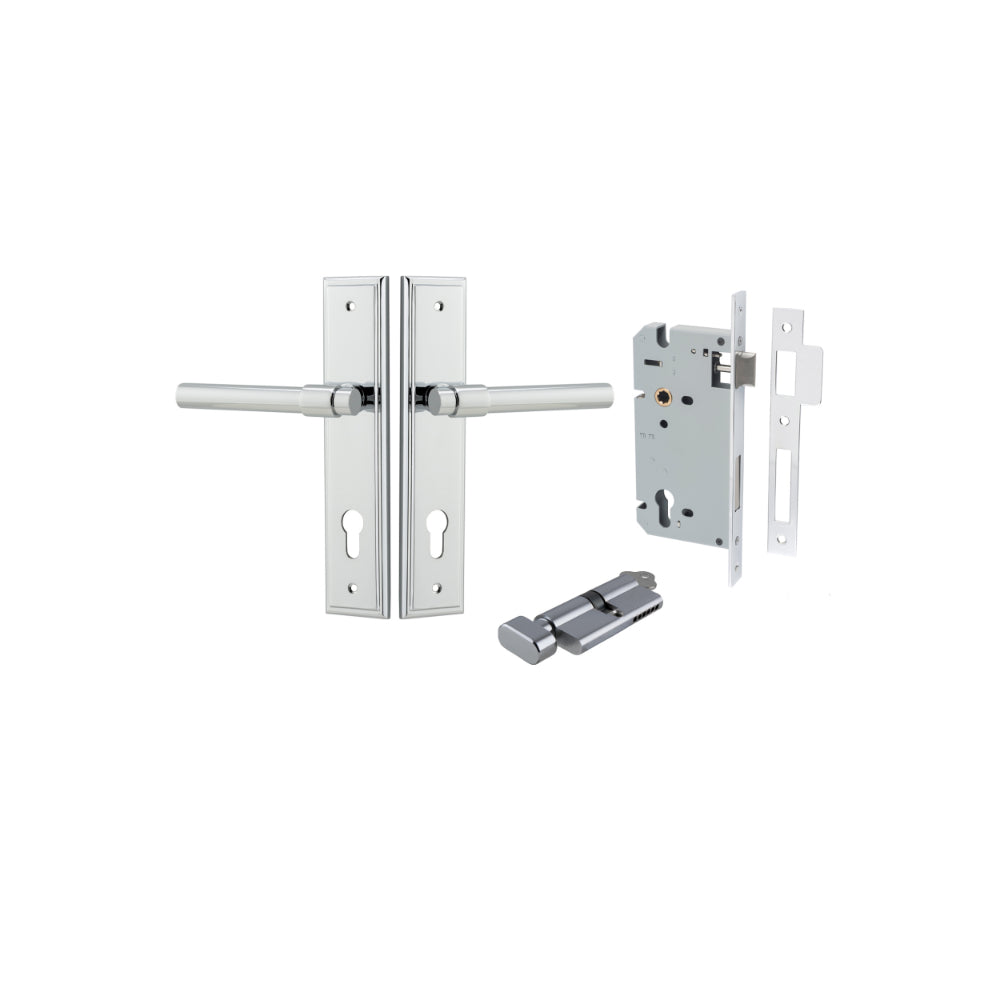 Door Lever Helsinki Stepped Euro Pair Polished Chrome CTC85mm H237xW50xP44mm Entrance Kit, Mortice Lock Euro Polished Chrome CTC85mm Backset 60mm, Euro Cylinder Key Thumb 6 Pin Polished Chrome L70mm KA1 in Polished Chrome