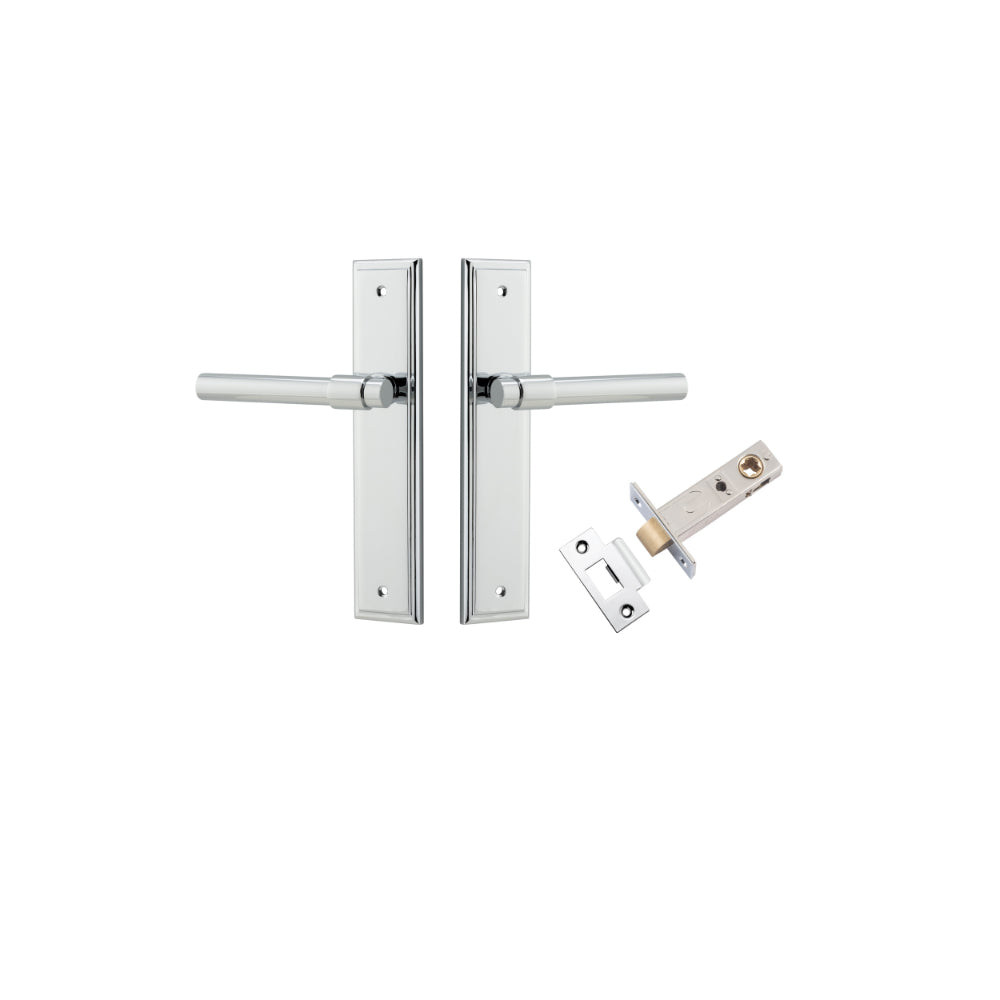 Door Lever Helsinki Stepped Latch Pair Polished Chrome H237xW50xP44mm Passage Kit, Tube Latch Split Cam 'T' Striker Polished Chrome Backset 60mm in Polished Chrome