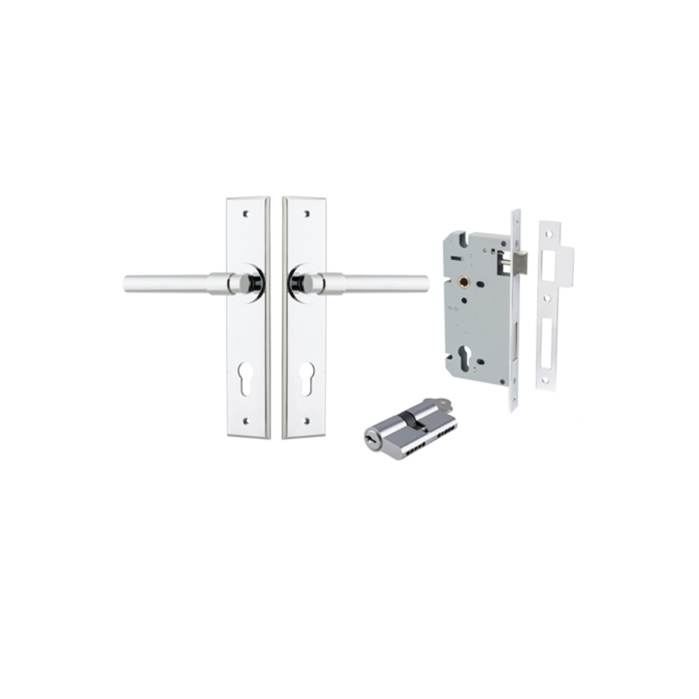 Door Lever Helsinki Chamfered Euro Pair Polished Chrome CTC85mm L137xP60mm BPH240xW50mm, Mortice Lock Euro Polished Chrome CTC85mm Backset 60mm, Euro Cylinder Dual Function 5 Pin Polished Chrome 65mm KA4 in Polished Chrome