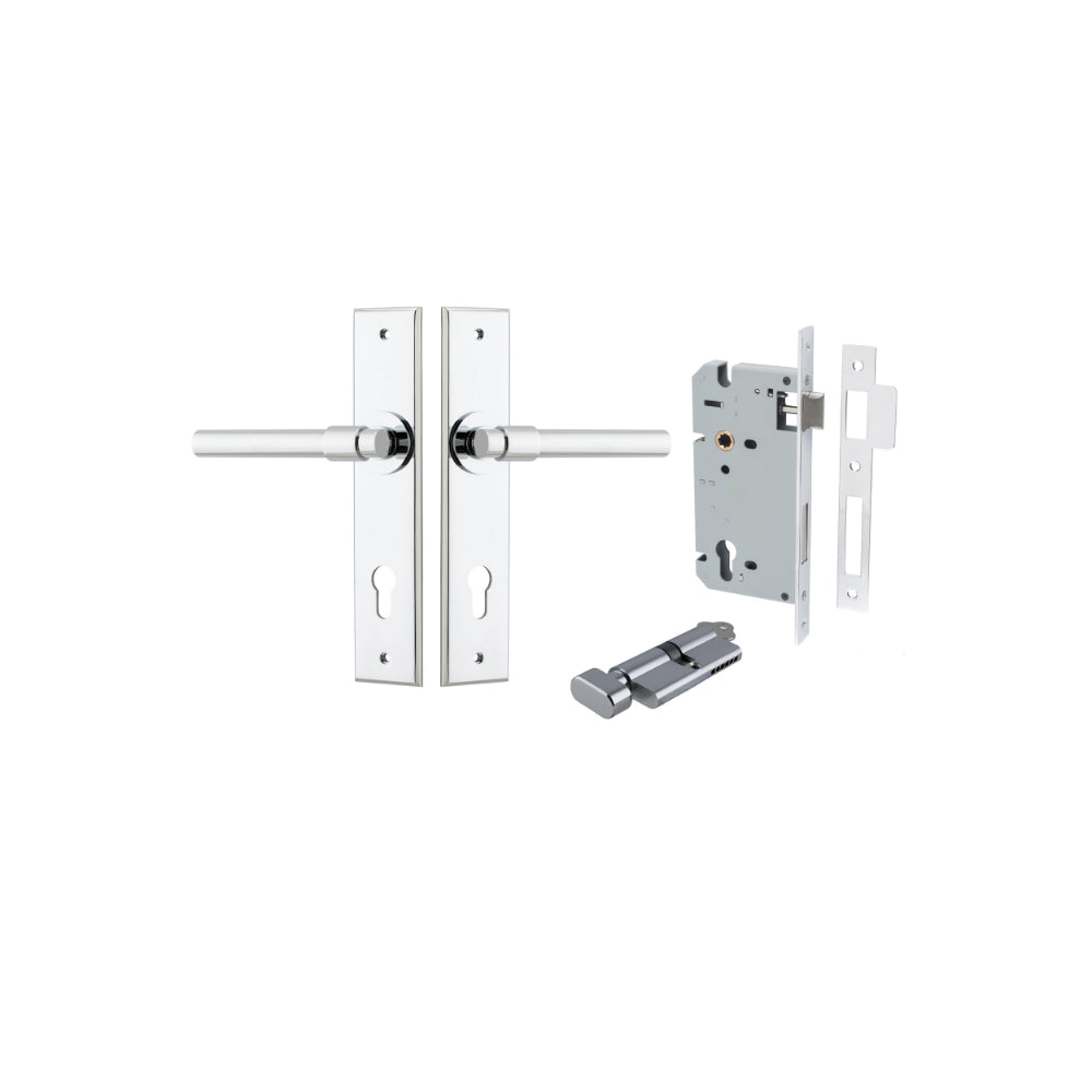 Door Lever Helsinki Chamfered Euro Pair Polished Chrome CTC85mm L137xP60mm BPH240xW50mm, Mortice Lock Euro Polished Chrome CTC85mm Backset 60mm, Euro Cylinder Key Thumb 5 Pin Polished Chrome 65mm KA4 in Polished Chrome