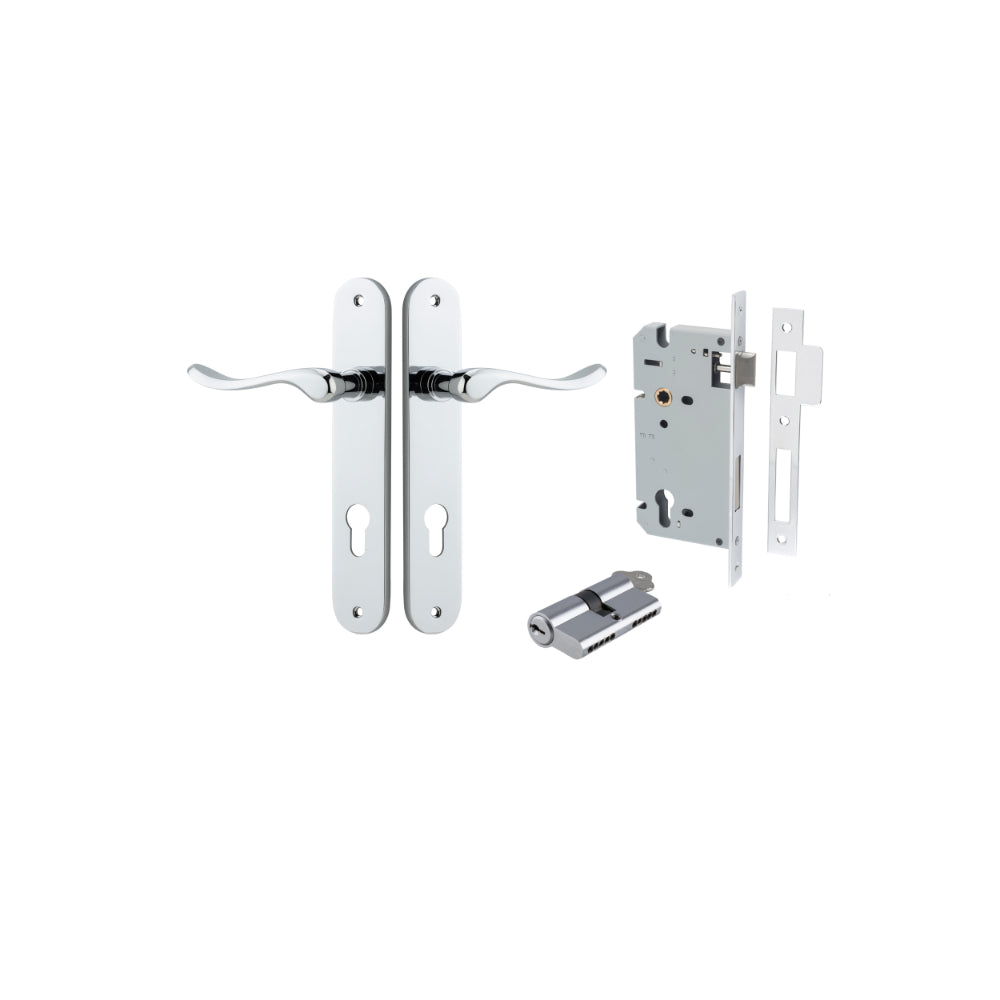 Door Lever Stirling Oval Euro Pair Polished Chrome CTC85mm H240xW40xP64mm Entrance Kit, Mortice Lock Euro Polished Chrome CTC85mm Backset 60mm, Euro Cylinder Dual Function 5 Pin Polished Chrome L65mm KA1 in Polished Chrome